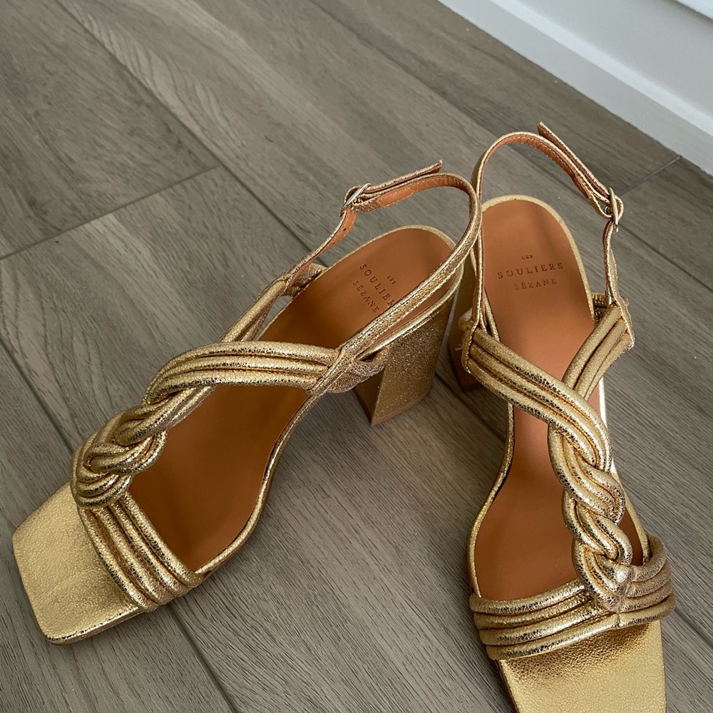 Sezane Metallic Gold Braided Block Heel Sandals